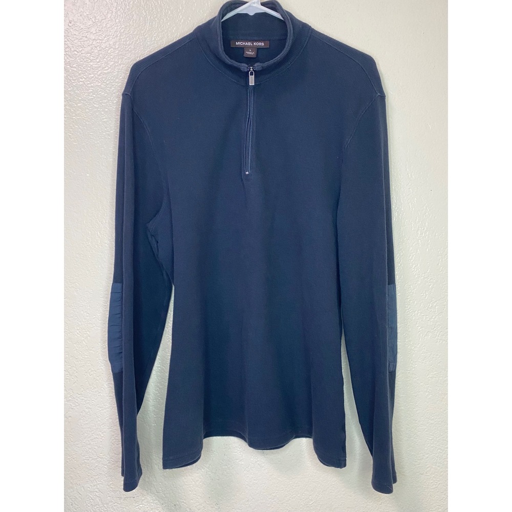 Michael Kors Mens Waffle Knit Quarter Zip Pullover Elbow Patches L Preppy